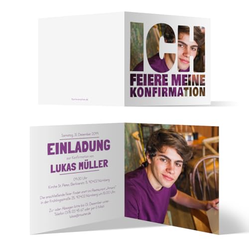 Personalisierte Konfirmation Einladungskarten (10 bis 100 Stück wählbar) - Fotoschrift - Konfirmationskarten Einladung Klappkarten, 300g/qm dickes Kartonpapier, eigenes Bild und Text von Kartenmachen.de