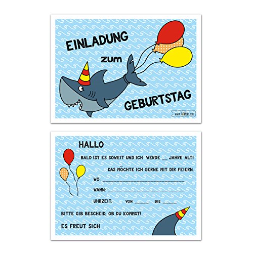 Kindergeburtstag Hai Einladungskarten Jungen Geburtstag Einladung Geburtstagseinladung Kinder Haifisch - Set zu 10 Stück - Illustration - 14,8 x 10,5 cm von katelein