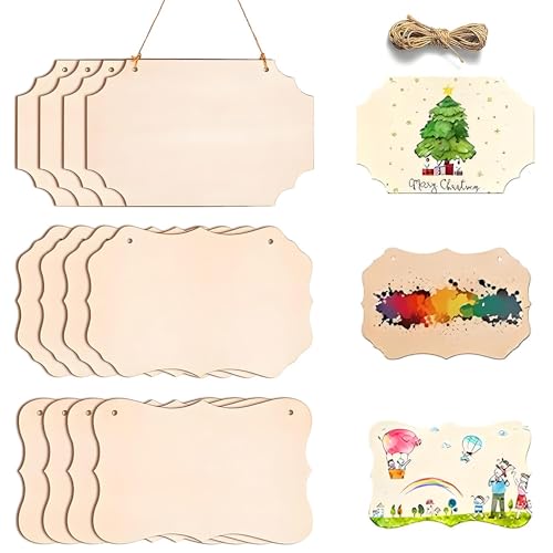 katmerio 12 Stück Hängendes Holzschild, Rechteckiges Hängendes Holzschild mit 2 Löchern und Juteseil, Hängendes Holzschild zum Aufhängen DIY, Brandmalerei, Malen, Schreiben und Dekorieren von katmerio