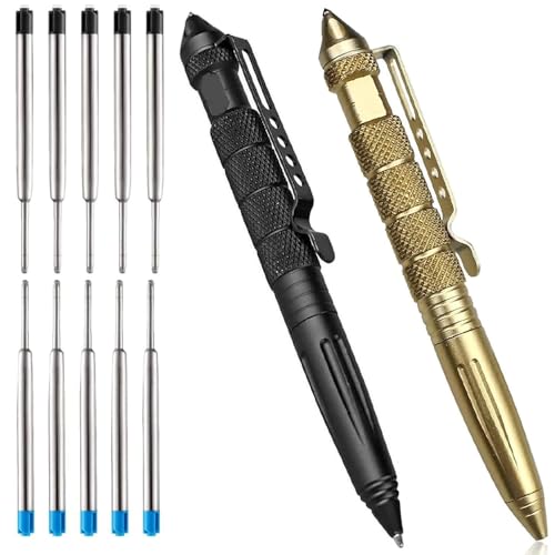 katmerio Tactical Pen, 2 Stück Taktischer Kugelschreiber, Multitool Tactical Pen mit 5 blau 5 schwarze Nachfüllungen Glasbrecher Tool Business Stift für Tactical Defense von katmerio
