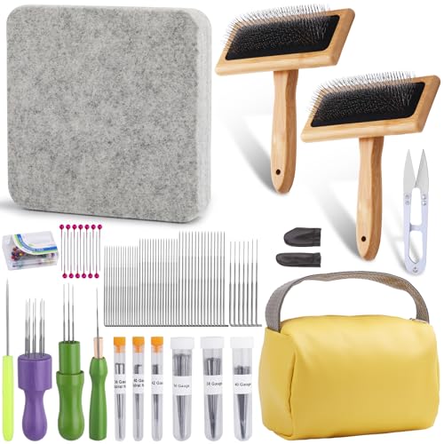 kdafio 74 Nadelfilzwerkzeuge, Nadelfilz-Set mit Handkardern Holzwolle Carders Nadelfilzen mit Wollnadel Leder Fingerschutz für DIY Filzen Wollprojekte von kdafio