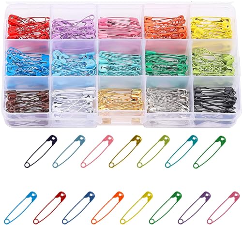 Sicherheitsnadeln15 Farben,32 mm Mehrfarbig,300 Stück Sicherheitsnadeln kleine mit Aufbewahrungsbox,Metall Bunte Sicherheitsnadeln für Kleidung,Nähen,Handwerk,Befestigung,Mini-Sicherheitsnadel von keepsweat