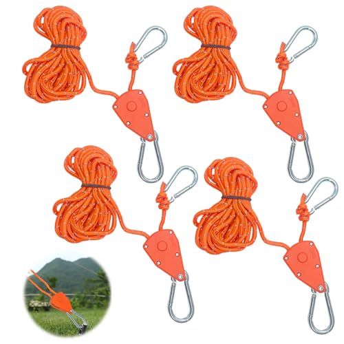 4 Stück Abspannseile mit Seilspanner 4m Einstellbare Seilratsche mit Haken, 4mm Winddichtes Zeltschnur mit Spanner, Ratchet Hanger Reflektierende Seil Ratsche für Campingzelte Markisen Aufhängung von kelav