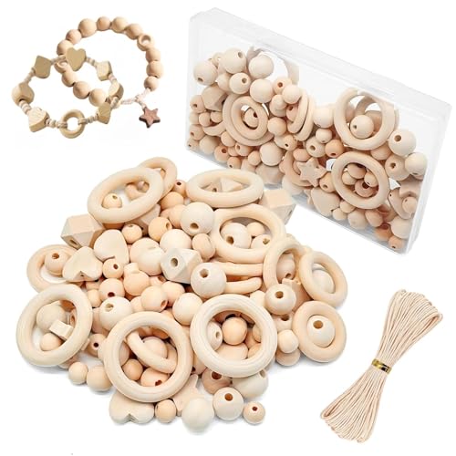 KELAV Holzperlen Holzringe Set,126 Stück Holzperlen Set Holzkugeln mit Loch Kit Rnthalten Runde Perle,Holzringe,Stern,Liebe Form,Perlen mit Loch Ketten für DIY Schmuck Herstellung von kelav