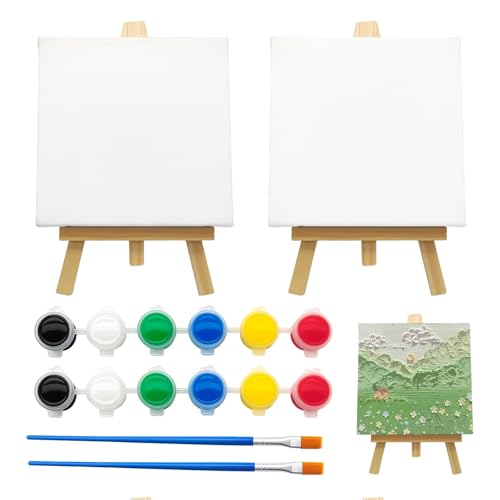 KELAV Mini Leinwand,2 Set zum Bemalen Keilrahmen Canvas 10 X 10 cm Massivholz Staffeleien Klein 15 X 8 cm,Faltbarer Dreieckiger Ständer, Acrylfarben,100% Baumwolle Leinwand zum Bemalen Klein von kelav