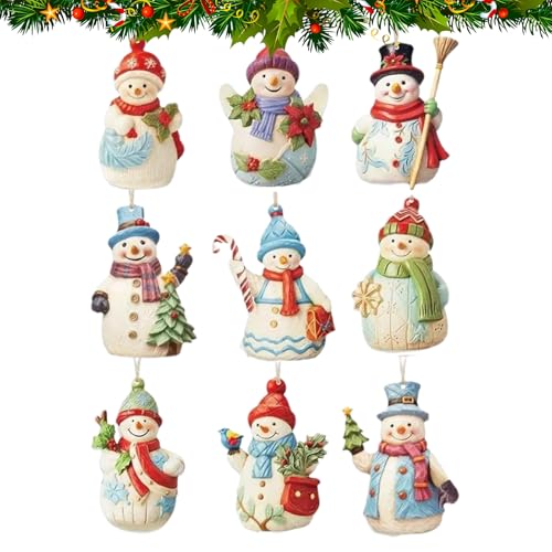 keloppasit Weihnachts Schneemann Ornamente,Hängbare Weihnachtsdekoration Schneemann - 9-teilige Holzfiguren Anhänger Sammlerstück für Küche Garten Wand Fenster Terrasse Zuhause Outdoor Weihnachtsbaum von keloppasit