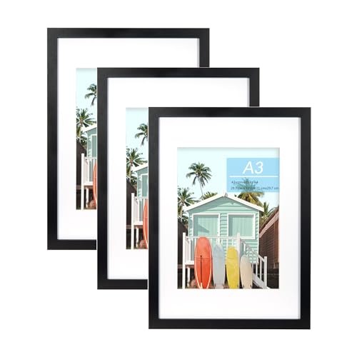 kennethan Bilderrahmen A3 Schwarz Holz Fotorahmen 3er Set Holzrrahmen mit Passepartout zum aufhängen von kennethan