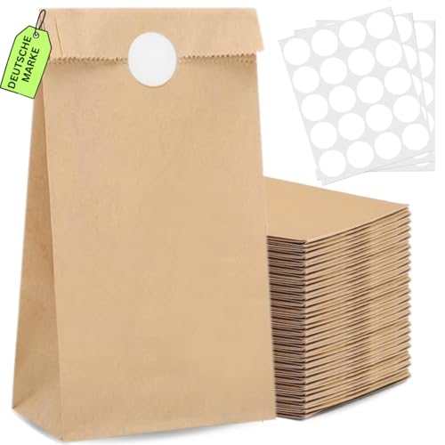 50 Stück Papiertüten Klein mit Aufkleber 26 x 15 cm Geschenktüten Braun Kraftpapiertüten DIY Süßigkeiten Beutel Mitgebsel Tüten für Hochzeit Candy bar Geburtstag Adventskalender zum Befüllen von kgpack