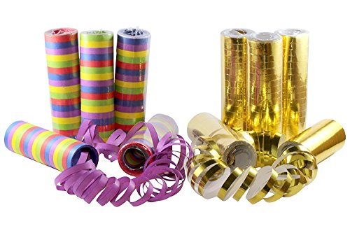 Kiddyparty Luftschlangen, 10er Pack Premium Qualität Papierschlangen, 5 Stück Bunte und Gold/weiß metallic. Für Geburtstag, Hochzeit und Silvester von kiddyparty