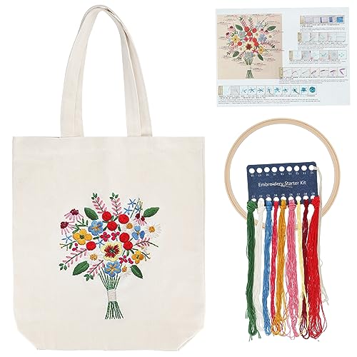 kieyeeno Stickset für Canvas Tragetaschen, Stick-Starter-Set mit Blumenmuster, inklusive Anleitung, Sticktasche, Stickkreis-Farbfaden, Kunst- und DIY-Bastelset für Erwachsene (WHITE) von kieyeeno