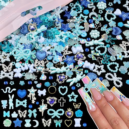 Kikonoke 600 Stück niedliche Charms und Edelsteine für 3D-Nägel, blaue Hasenschleife, Schmuck für Nägel in Schmetterlings-, Herz- und Sternform, mit blauen Imi-Diamanten Kikonoke 600 Stück niedliche Charms und Edelsteine für 3D-Nägel, blaue Hasenschleife, Schmuck für Nägel in Schmetterlings-, Herz- und Sternform, mit blauen Imi-Diamanten von kikonoke