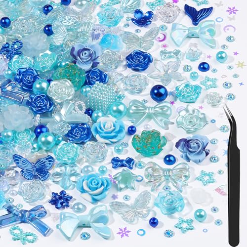 Kunstharz-Blumenperlen-Set, 900 Sonnenblumen-Strasssteine und 3D-Schmetterlings-Charms, 2 mm Loch, DIY-Schmuckzubehör für Handyhüllen-Dekor/Schuh-Akzente mit Perlen, Blau, 450 Stück von kikonoke