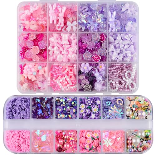 kikonoke 1400 Stück 3D Schmetterling Rose Blume Bogen Kaninchen Bär Nagel Set mit Nail Art Strass Perlen Kristall Edelsteine Scheiben Nägel für Maniküre DIY Basteln Schmuck Zubehör (rot) von kikonoke