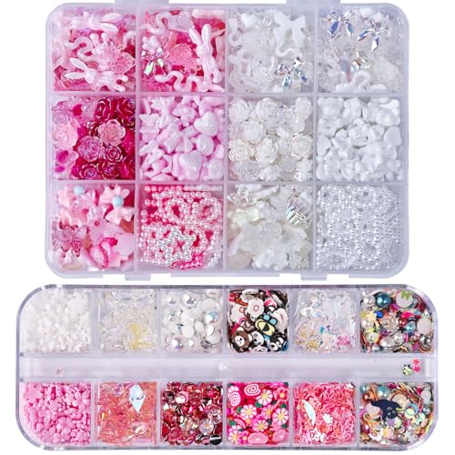 kikonoke 1400 Stück 3D Schmetterling Rose Blume Bogen Kaninchen Bär Nagel Set mit Nail Art Strass Perlen Kristall Edelsteine Scheiben Nägel für Maniküre DIY Basteln Schmuck Zubehör (rot) von kikonoke