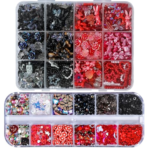 kikonoke 1400 Stück 3D Schmetterling Rose Blume Bogen Kaninchen Bär Nagel Set mit Nail Art Strass Perlen Kristall Edelsteine Scheiben Nägel für Maniküre DIY Basteln Schmuck Zubehör (schwarz) von kikonoke