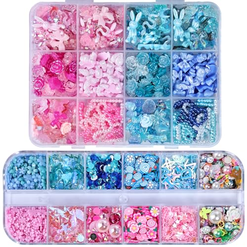 kikonoke 1400 Stück 3D Schmetterling Rose Blume Bogen Kaninchen Bär Nagel Set mit Nail Art Strass Perlen Kristall Edelsteine Scheiben Nägel für Maniküre DIY Handwerk Schmuck Zubehör (Rosa) von kikonoke