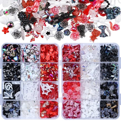 kikonoke 2050 Stück 3D Schmetterling Rose Blume Bogen Kaninchen Bär Nagel Set mit Nail Art Strass Perlen Kristall Edelsteine Scheiben Nägel für Maniküre DIY Basteln Schmuck Zubehör (schwarz) von kikonoke