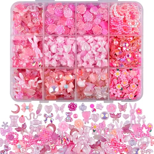 kikonoke 850 Stück 3D Schmetterling Rose Blume Bogen Kaninchen Bär Nagel Set mit Nail Art Strass Perlen Kristall Edelsteine Scheiben Nägel für Maniküre DIY Handwerk Schmuck Zubehör (Rosa) von kikonoke
