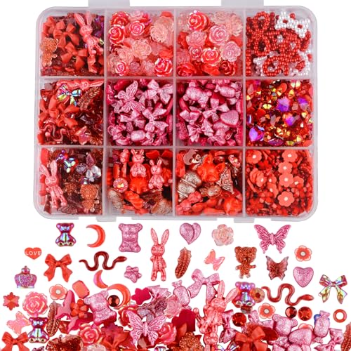 kikonoke 850 Stück 3D Schmetterling Rose Blume Bogen Kaninchen Bär Nagel Set mit Nail Art Strass Perlen Kristall Edelsteine Scheiben Nägel für Maniküre DIY Handwerk Schmuck Zubehör (Rot) von kikonoke