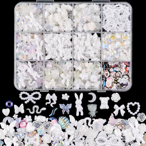 kikonoke 850 Stück 3D Schmetterling Rose Blume Bogen Kaninchen Bär Nagel Set mit Nail Art Strass Perlen Kristall Edelsteine Scheiben Nägel für Maniküre DIY Handwerk Schmuck Zubehör (Weiß) von kikonoke