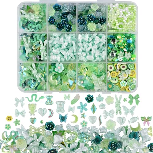 kikonoke 850 Stück 3D Schmetterling Rose Blume Bogen Kaninchen Bär Nagel Set mit Nail Art Strass Perlen Kristall Edelsteine Scheiben Nägel für Maniküre DIY Handwerk Schmuck Zubehör (grün) von kikonoke