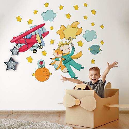 R00362 Wandaufkleber Kind Ökologisches Hypoallergenes Weicher Stoffeffekt Repositionierbar Fabel kleine Prinz Wanddekoration Neugeborene Kinderzimmer Selbstklebende Tapete von kina