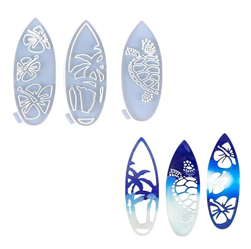 Surfbrett-Wandkunst-Formen-Set, 27,9 cm, Strand-Themen-Dekor, 3-teiliges tropisches Design mit Palmen und Hibiskus, Blau und Weiß von kingmise