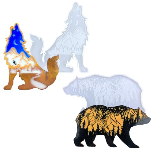 Wolf- und Bär-Gussformen, Wolfs- und Bär-Silhouetten mit Bergszene, 25,4 cm, dekoratives Wandkunst-Set, Epoxidharz-Silikonformen Wolf- und Bär-Gussformen, Wolfs- und Bär-Silhouetten mit Bergszene, 25,4 cm, dekoratives Wandkunst-Set, Epoxidharz-Silikonformen von kingmise