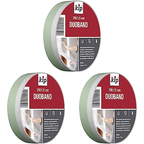 kip Tape 210-24 Duoband – Doppelseitiges Klebeband aus PVC zum Anbringen von Abdeckfolie – Selbstklebendes Schutzband zum Streichen & Lackieren – 25mm x 25m (Packung mit 3) von kip