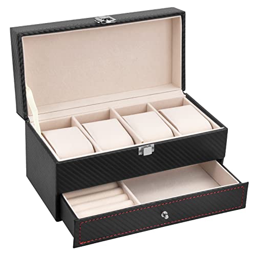 Uhrenbox 4 Uhren Fächer Watch Box Uhrenkasten Uhren Aufbewahrungsbox Schmuckkasten Schwarz Schmuckschatulle für Herren Damen Uhren Organizer Uhrenschatulle Uhrenkoffer Uhrenschachtel von kissral