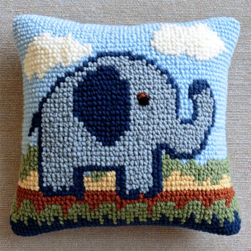 DIY Knüpfhaken Kissen Set für Anfänger Erwachsene,Knüpfteppich Bastelset 43x43cm,Einfaches Latch Hook Cushion Kit,Stilvolle Heimdekoration & Einzigartige Geschenkidee,Cartoon-Elefant von kitphoenix