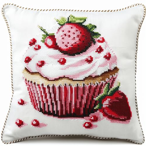 DIY Knüpfhaken Kissen Set für Anfänger & Erwachsene,43x43cm Kreatives Knüpfteppich Bastelset,Handgefertigter Kissenbezug für stilvolle Heimdekoration,Cupcakes von kitphoenix