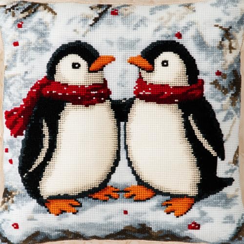 DIY Knüpfhaken Kissen Set für Anfänger & Erwachsene,43x43cm Kreatives Knüpfteppich Bastelset,Handgefertigter Kissenbezug für stilvolle Heimdekoration,Pinguin von kitphoenix
