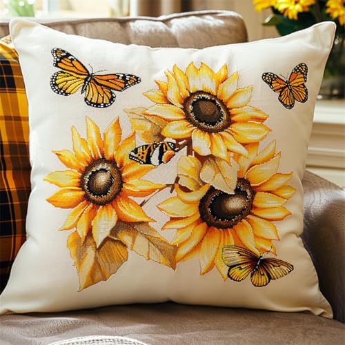 DIY Knüpfhaken Kissen Set für Anfänger & Erwachsene,43x43cm Kreatives Knüpfteppich Bastelset,Handgefertigter Kissenbezug für stilvolle Heimdekoration,Sonnenblume von kitphoenix