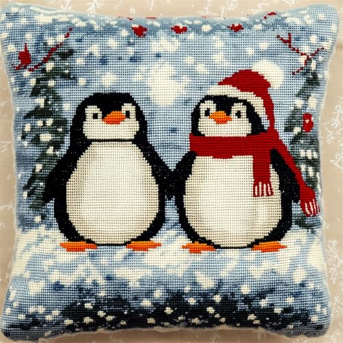 Knüpfhaken Kissen Kit für Anfänger & Erwachsene,DIY Latch Hook Set zum Selber Knüpfen,Kreatives Bastelset für Heimdekoration,Entspannung & Handarbeit,43x43 cm,Pinguin von kitphoenix