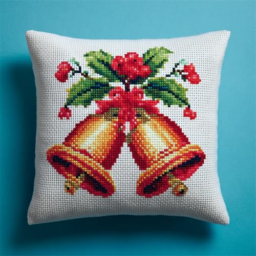 Knüpfhaken Kissen Kit für Anfänger & Erwachsene,DIY Latch Hook Set zum Selber Knüpfen,Kreatives Bastelset für Heimdekoration,Entspannung & Handarbeit,43x43 cm,Weihnachtsglocken von kitphoenix