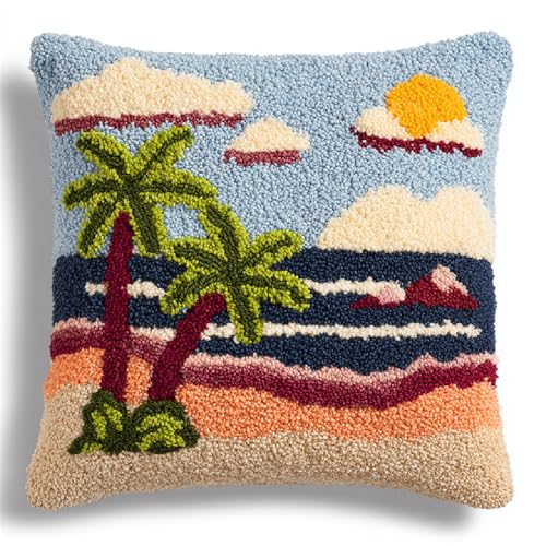Knüpfhaken Kissen Set 43x43cm,DIY Latch Hook Kissenbezug für Anfänger & Erwachsene,Kreatives Bastelset zum Selbermachen, Heimdeko & Geschenkidee,Strandpalmen von kitphoenix