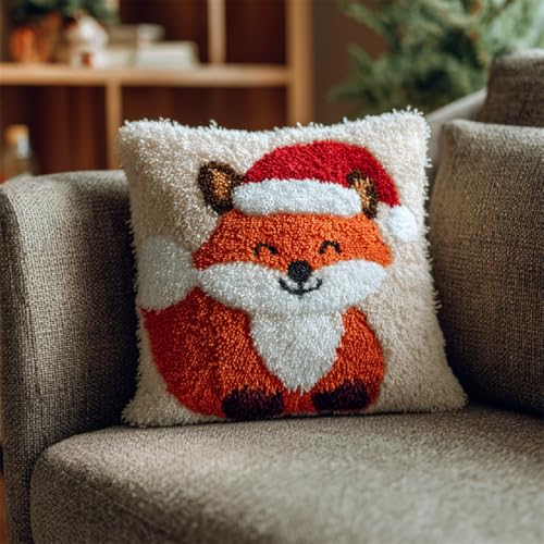 Knüpfkissen DIY Set für Anfänger Einfaches Latch Hook Kit mit Wolle,Bastelset für Erwachsene zum Entspannen,kissen-Teppich (43x43cm) für moderne Heimdekoration,Fuchs mit Weihnachtsmütze von kitphoenix