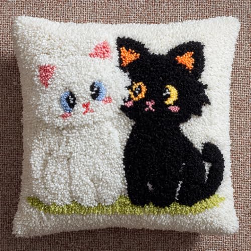 Knüpfkissen DIY Set für Anfänger Einfaches Latch Hook Kit mit Wolle,Bastelset für Erwachsene zum Entspannen,kissen-Teppich (43x43cm) für moderne Heimdekoration,Schwarz-weiße Katze von kitphoenix