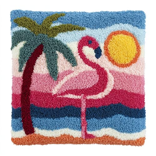 Knüpfkissen DIY Set für Anfänger Einfaches Latch Hook Kit mit Wolle,Bastelset für Erwachsene zum Entspannen,kissen-Teppich (43x43cm) für moderne Heimdekoration,Strand Roter Vogel von kitphoenix