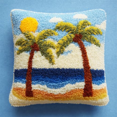 Knüpfkissen DIY Set für Anfänger Einfaches Latch Hook Kit mit Wolle,Bastelset für Erwachsene zum Entspannen,kissen-Teppich (43x43cm) für moderne Heimdekoration,Strandpalmen von kitphoenix