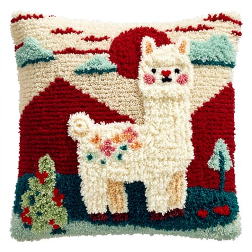 Knüpfkissen DIY Set für Anfänger Einfaches Latch Hook Kit mit Wolle,Bastelset für Erwachsene zum Entspannen,kissen-Teppich (43x43cm) für moderne Heimdekoration,Süßes Alpaka von kitphoenix