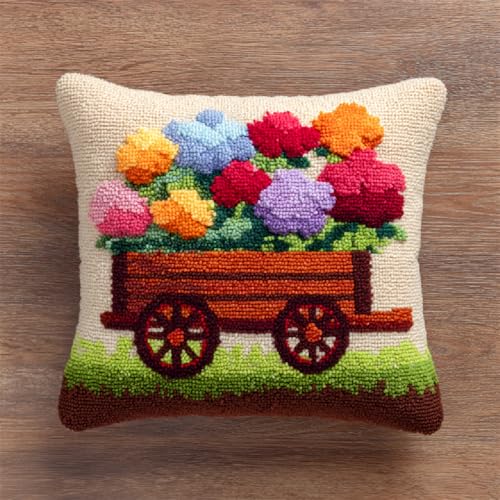 Knüpfkissen DIY Set für Anfänger Einfaches Latch Hook Kit mit Wolle,Bastelset für Erwachsene zum Entspannen,kissen-Teppich (43x43cm) für moderne Heimdekoration,Trolley Blumenstrauß von kitphoenix