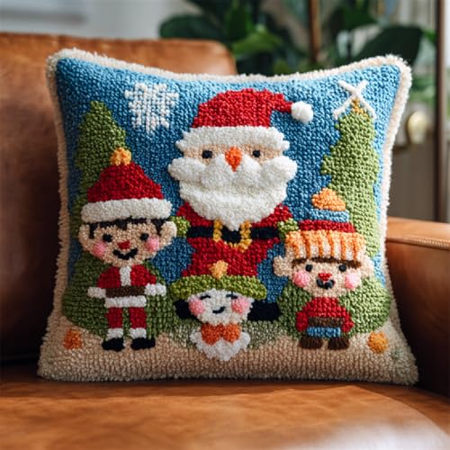 Knüpfkissen DIY Set für Anfänger Einfaches Latch Hook Kit mit Wolle,Bastelset für Erwachsene zum Entspannen,kissen-Teppich (43x43cm) für moderne Heimdekoration,Weihnachtskinder von kitphoenix
