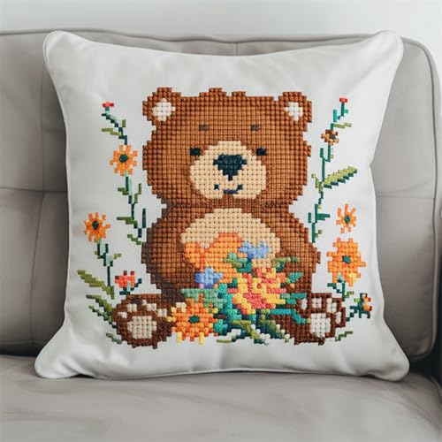 Knüpfkissen-Set zum Selbermachen 43x43cm,DIY Kreuzstich Latch Hook Kissen Kit mit Garn,Werkzeug & Anleitung für Anfänger und Hobbyknüpfer,Braunbären in den Blumen von kitphoenix