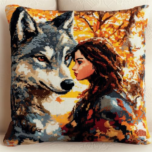 Knüpfkissen-Set zum Selbermachen 43x43cm,DIY Kreuzstich Latch Hook Kissen Kit mit Garn,Werkzeug & Anleitung für Anfänger und Hobbyknüpfer,Frau und Wolf von kitphoenix