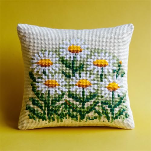 Knüpfkissen-Set zum Selbermachen 43x43cm,DIY Kreuzstich Latch Hook Kissen Kit mit Garn,Werkzeug & Anleitung für Anfänger und Hobbyknüpfer,Weiße Gänseblümchen von kitphoenix