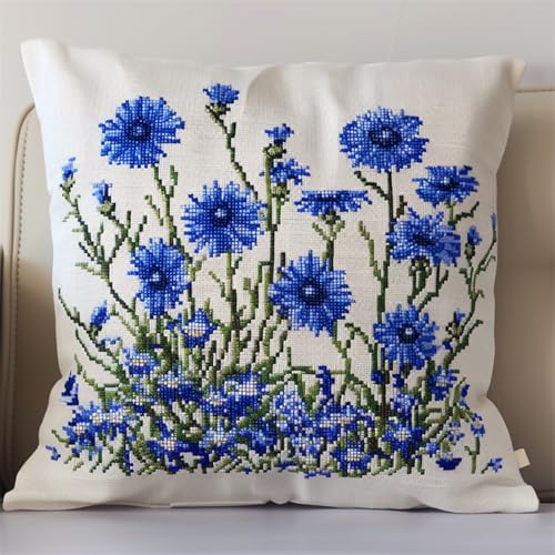 Latch Cushion DIY Knotting Set mit Werkzeug,Kreuzstich Kissen Zum Selber Machen,Knüpfkissen 43x43cm für Kinder und Erwachsene,Handarbeit Starter Kit,Kornblumenblüten von kitphoenix