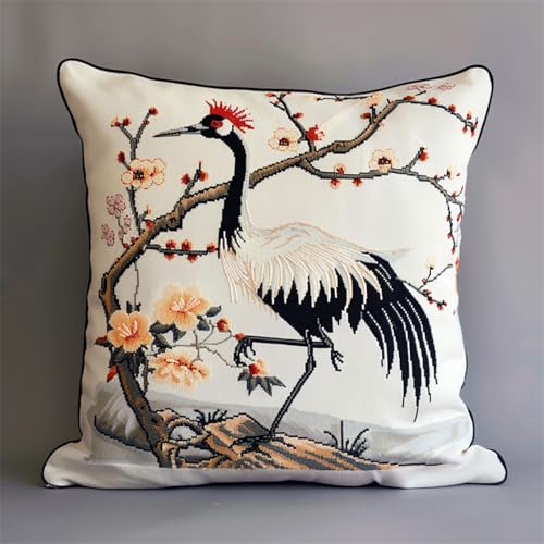 Latch Cushion DIY Knotting Set mit Werkzeug,Kreuzstich Kissen Zum Selber Machen,Knüpfkissen 43x43cm für Kinder und Erwachsene,Handarbeit Starter Kit,Kran von kitphoenix