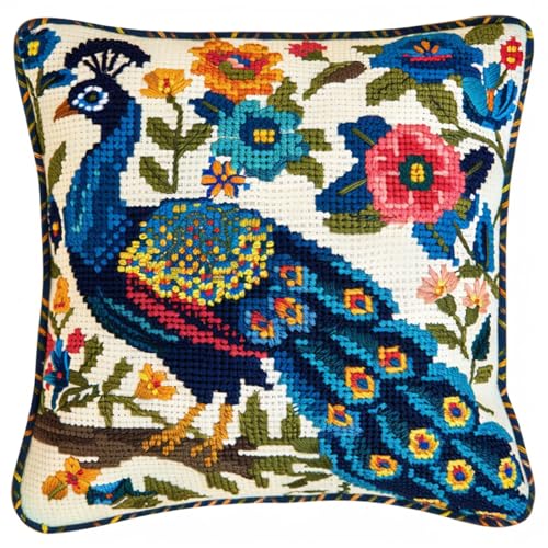 Latch Cushion DIY Knotting Set mit Werkzeug,Kreuzstich Kissen Zum Selber Machen,Knüpfkissen 43x43cm für Kinder und Erwachsene,Handarbeit Starter Kit,Pfauenblumen von kitphoenix